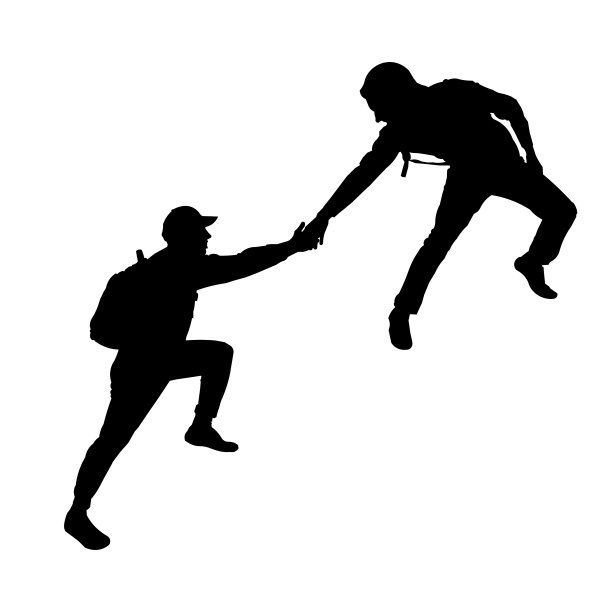 男人的黑色剪影。那个人拿出另一个。援助之手。拯救弱者。团队合作。游客，旅行者，登山者，冒险家，徒步旅行。山之旅。图片下载