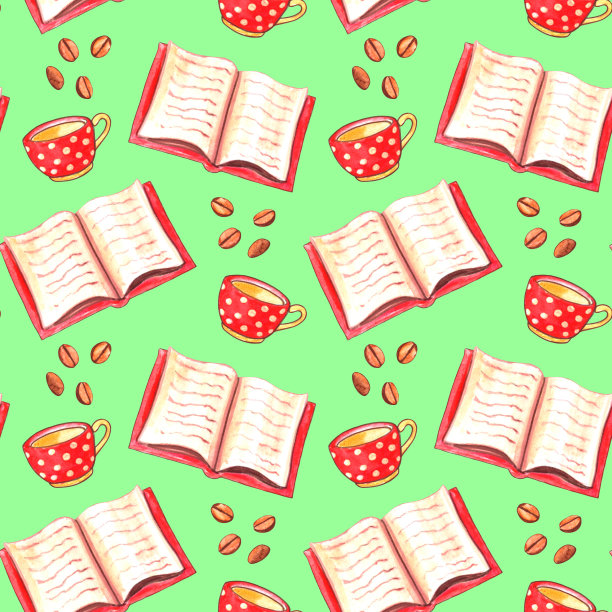 水彩无缝模式与打开的书，红色圆点杯和咖啡豆。多彩的背景主题爱好，休闲娱乐，舒适的秋冬之夜图片下载