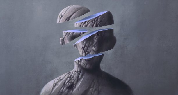 悲伤压抑孤独和孤独概念超现实艺术，孤独破碎男人雕塑，绘画艺术图片下载