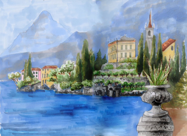 地中海的浪漫风景. .Monastero别墅，科莫湖，意大利。手绘水彩速写。图片下载