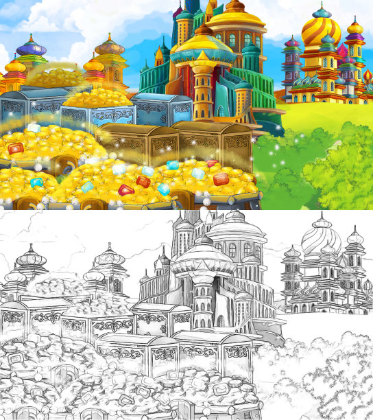 美丽的中世纪城堡的卡通素描场景-远东王国-插图图片下载