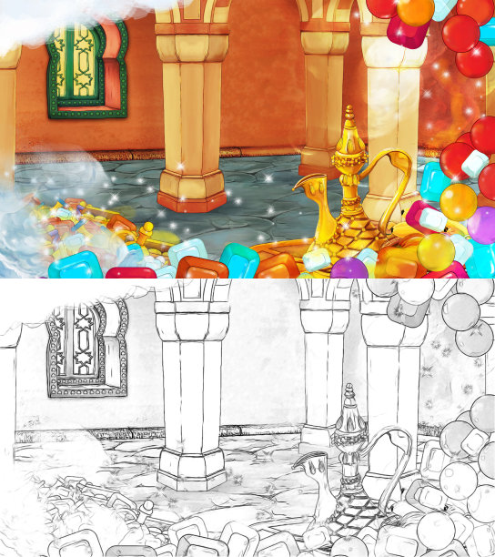 漫画素描场景与中世纪阿拉伯房间宝物-远东饰品和宝库框架-舞台的不同用途-插图图片下载