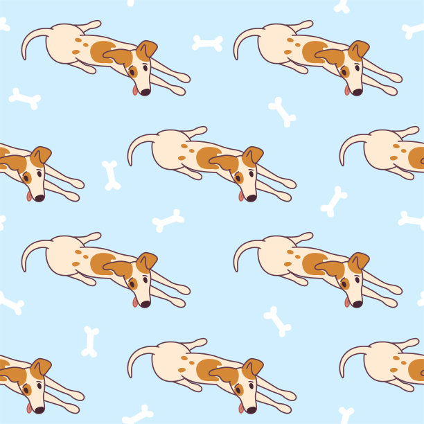 杰克罗素梗躺在地板上，准备玩耍。狗的无缝模式与骨头。矢量插图在可爱的卡通风格图片下载