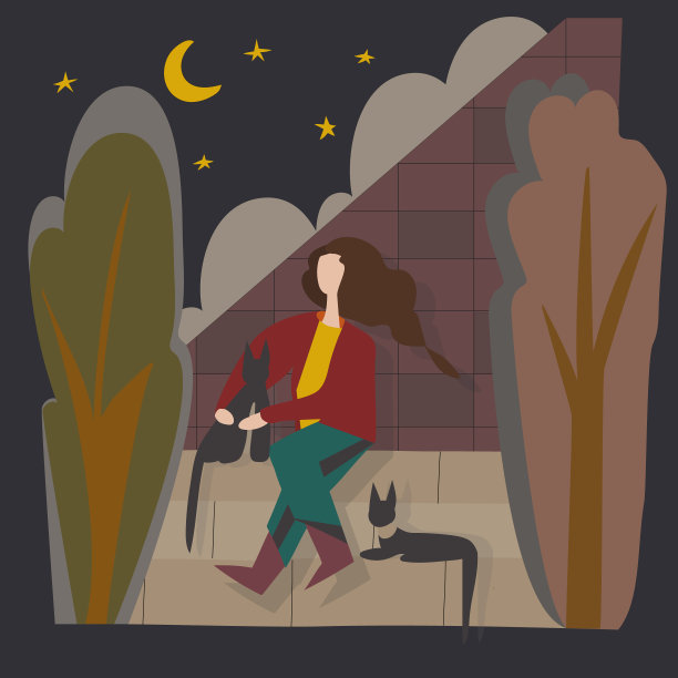 一个长发女孩和一只黑猫坐在屋顶上做梦。秋天的颜色，矢量插图。现代平面设计。矢量图图片下载