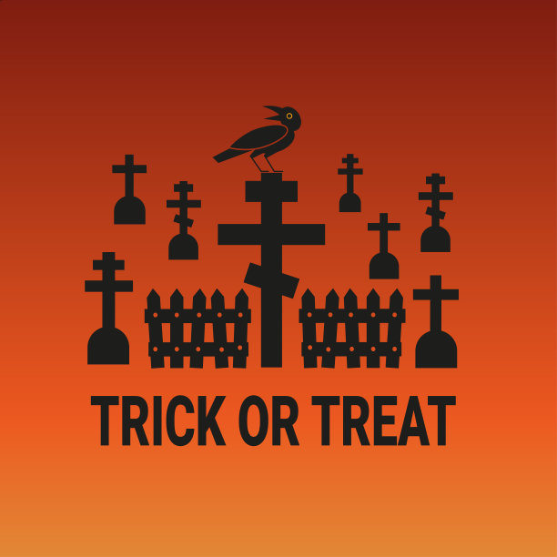 万圣节插图与黑色轮廓的坟墓混合橙色的背景。向量图片下载