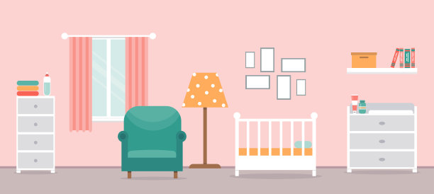 舒适的育儿室内部。孩子们的房间里有给女孩的家具。新生儿房设计。可更换的桌子，婴儿床和其他物品的新生儿。矢量插图在一个平坦的风格。图片下载