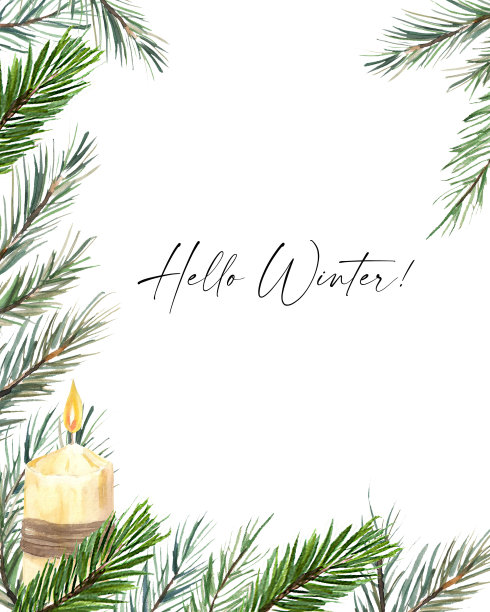 水彩插图。冬天，节日卡片用冷杉树枝和蜡烛。水彩模板放置文字，照片等。图片下载
