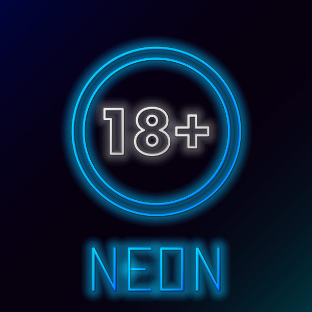 蓝色发光的霓虹线加上18个电影图标孤立在黑色的背景。成人内容。18岁以下签名。色彩斑斓的轮廓的概念。矢量图图片下载