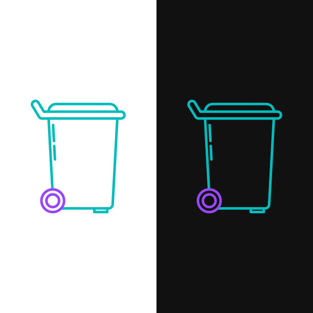 绿色和紫色线垃圾桶图标孤立在白色和黑色的背景。垃圾桶的迹象。回收篮图标。办公室垃圾图标。矢量图图片下载
