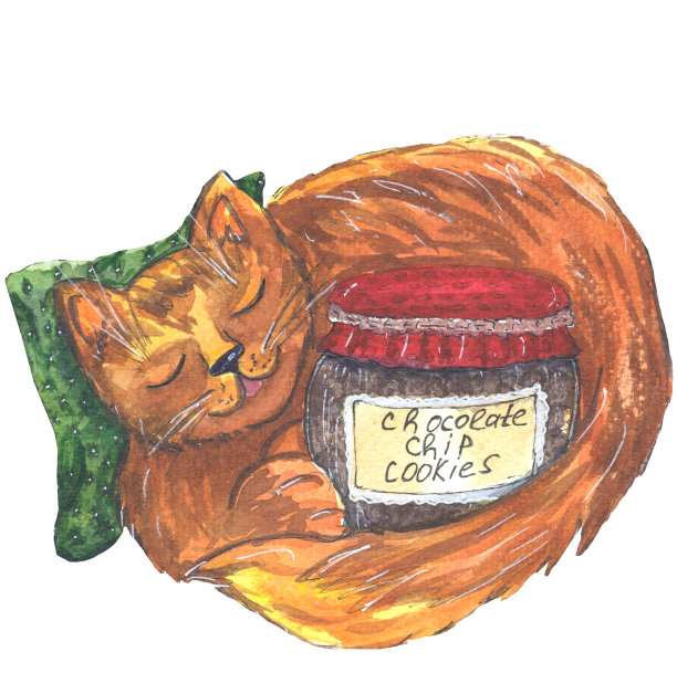 一只红猫睡在一个枕头上，抱着一个孤立在白色背景上的饼干罐。儿童的水彩插图的Metrics，海报，印刷在儿童的服装图片下载