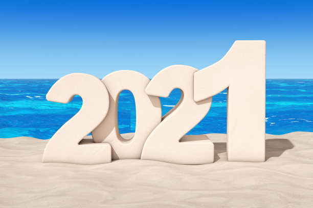 快乐的2021年新年概念。2021年新年标志在阳光海滩。3d渲染图片下载