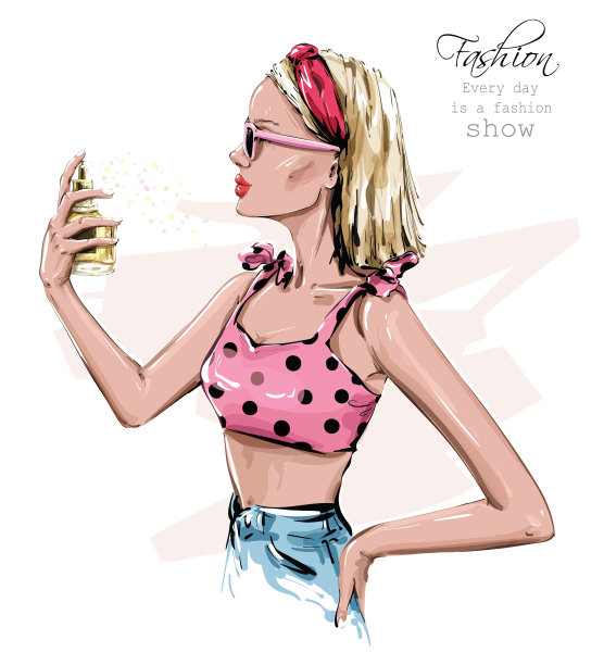 手绘美丽的年轻女子戴着太阳镜。时髦的女孩手里拿着香水瓶。图片下载