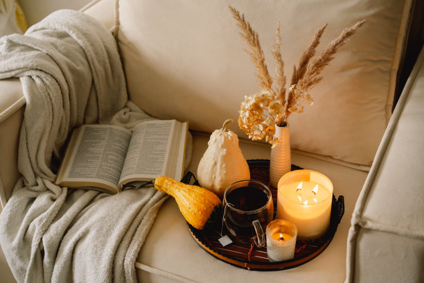 客厅家居室内的静物细节。南瓜和一杯茶，托盘上放着蜡烛图片下载