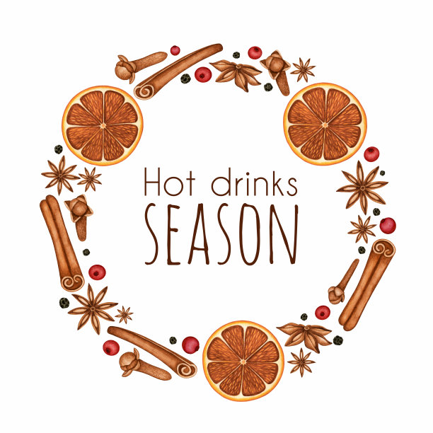 水彩花环/框架与水彩热葡萄酒香料圣诞装饰，冬季边界与拷贝空间图片下载