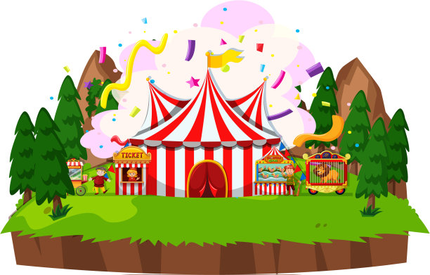 马戏团帐篷和公园里的动物场景图片下载