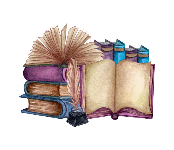 手绘水彩插图一堆旧书，墨水瓶，墨羽毛，打开的书，难得的纸张。古董物品。古书和珍本。图片下载
