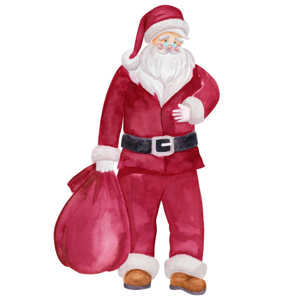 圣诞老人与礼品袋剪纸水彩插图。图片下载