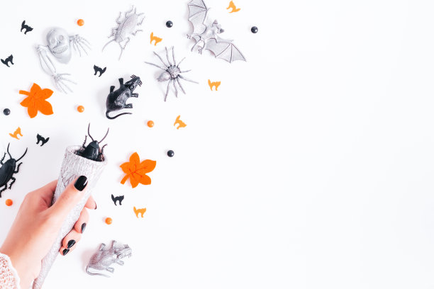 万圣节卡片上的白色与黑色和银色的节日装饰。有黑色指甲的女人拿着银锥与蝙蝠和幽灵飞在周围，拷贝空间，哥特式假日flat lay图片下载