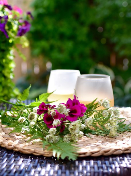 户外露天设置在美丽的庭院设置享受一个可爱的晚上在温暖的天气图片下载