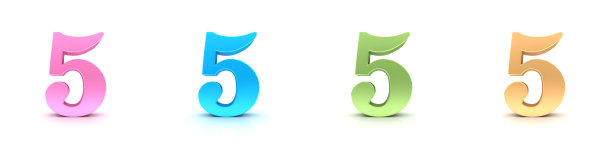 5 5数字符号玫瑰，蓝色，绿色，橙色，彩色数字数字3d渲染在白色的背景图片下载
