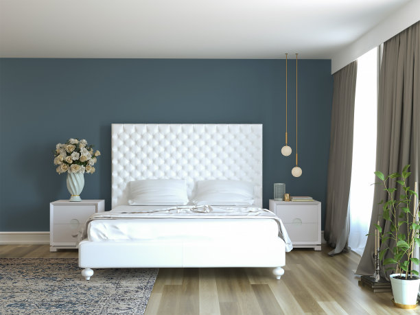 蓝色墙壁的新古典主义卧室室内设计的3d渲染图片下载