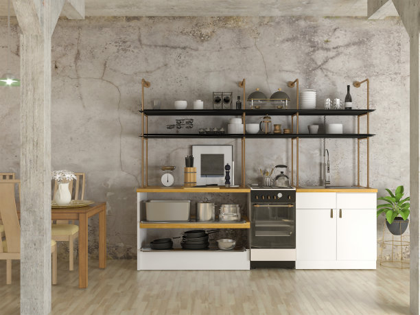 混凝土室内设计新阁楼厨房的3d渲染图片下载