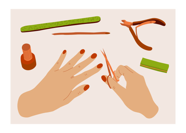 女性双手着色指甲指甲周围的工具和化妆品指甲护理，俯视图。图片下载