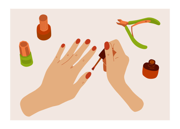 女性染发指甲周围的指甲护理工具和化妆品，俯视图。图片下载