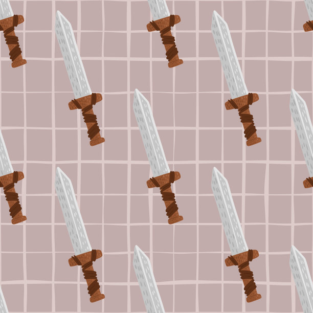 灰色剑的轮廓无缝风格化图案。带有淡粉色方格装饰的历史装饰。图片下载