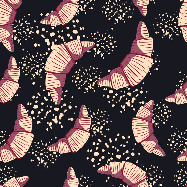 紫色随意牛角点缀无缝涂鸦图案。深蓝色背景与飞溅。图片下载