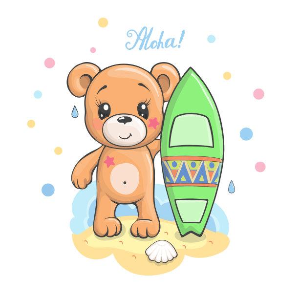 可爱的卡通泰迪熊与冲浪板矢量插图图片下载