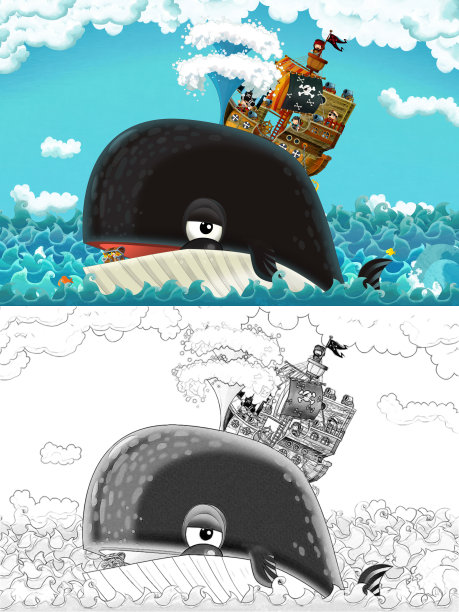 海盗船在海上航行，快乐的海盗遇见游动的鲸鱼的卡通素描场景图片下载