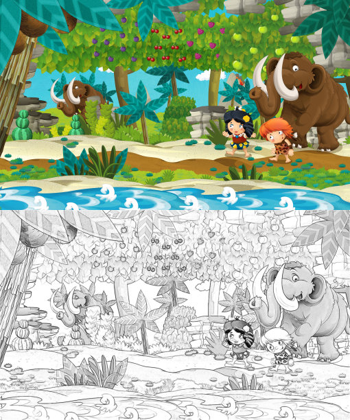 卡通速写场景在河边或小溪附近的丛林中，舞台上没有人图片下载