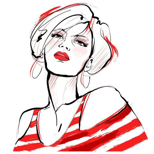 穿着红色条纹t恤的漂亮年轻时尚模特图片下载