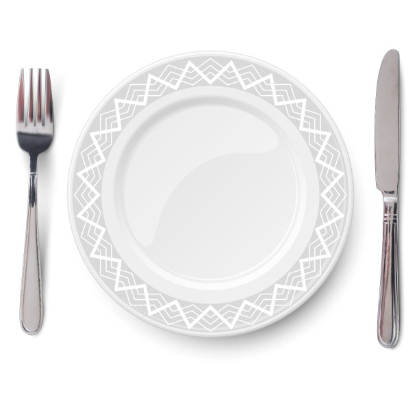 空向量灰色板与白色几何线模式和刀叉孤立在白色背景。从以上观点。图片下载