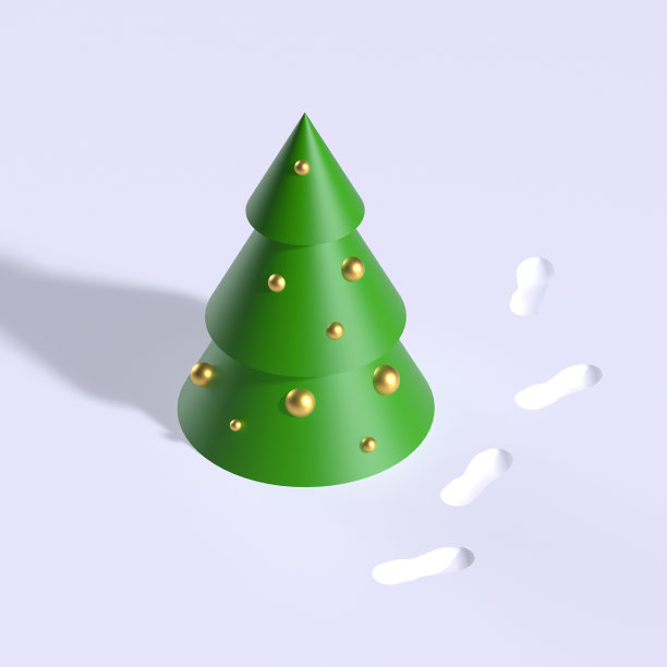 3 d渲染。绿色的圣诞树上装饰着金色的小玩意儿，站在白雪上的脚印旁边。寒假的概念。图片下载