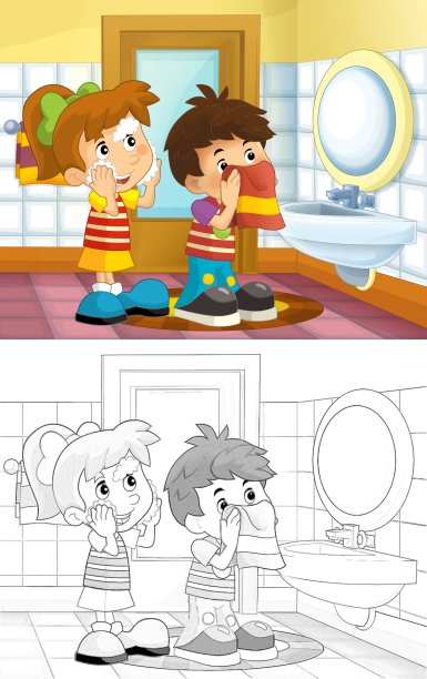 卡通素描孩子在浴室-男孩和女孩洗脸插图图片下载