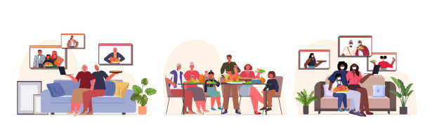 集混血人群欢度感恩节快乐在线交流自我隔离冠状病毒隔离图片下载