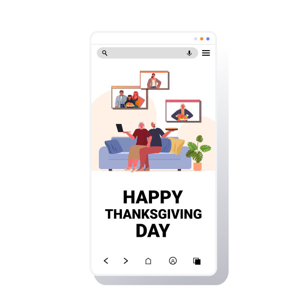 祖父母与孩子讨论视频通话家庭庆祝快乐的感恩节在线交流自我隔离概念智能手机屏幕矢量插图图片下载