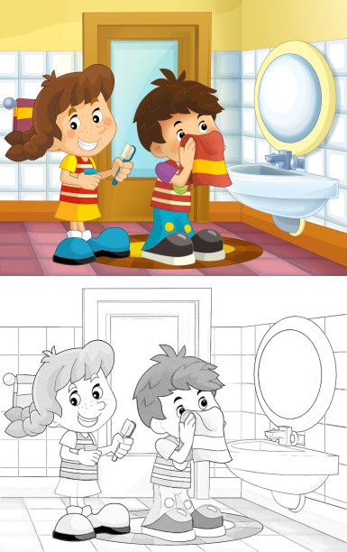 卡通素描孩子在浴室-男孩和女孩洗脸插图图片下载