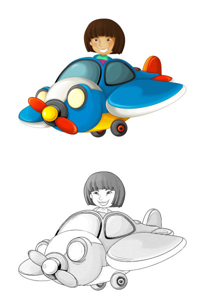 卡通场景与素描与孩子在玩具传统飞机与螺旋桨飞行-插图图片下载
