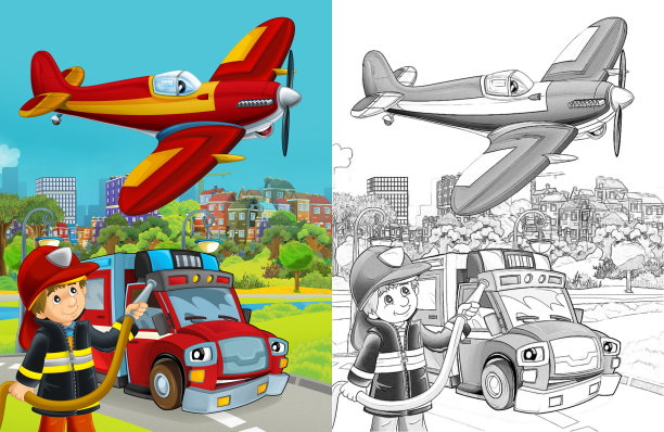 以道路上的消防车和消防员为例的卡通素描场景图片下载