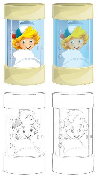 小男孩在淋浴间的卡通小品场景-微笑和清洗-插图图片下载