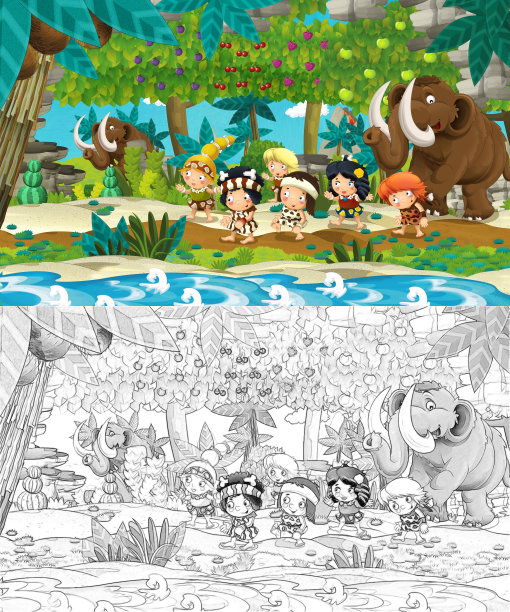 卡通素描场景与史前人旅行与猛犸象和果树附近的河流-插图图片下载