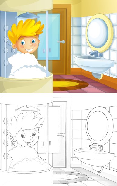 卡通素描男孩在浴室洗澡-淋浴房-插图图片下载