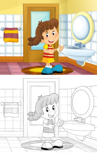 卡通素描小孩在浴室-女孩洗脸插图图片下载