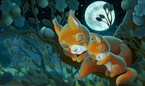 卡通场景与家庭熊在森林的夜晚-插图图片下载