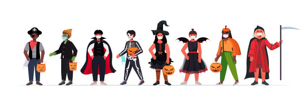 Set mix race kids in masks wearing different costumes Halloween party celebration covid - 19 quarantine快乐万圣节派对图片下载