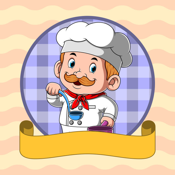 拿着蓝色汤勺和空白黄色横幅的厨师图片下载