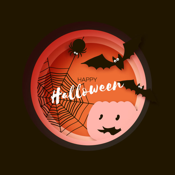 令人毛骨悚然的万圣节南瓜，蝙蝠和蜘蛛。万圣节快乐。神秘的夜晚。圈框架。空间的文本。图片下载
